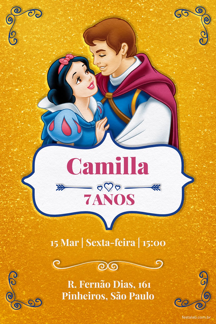 Modelo de Convite de Aniversario - Branca de Neve - Dourado Convite Branca de Neve - Dourado grátis para editar
