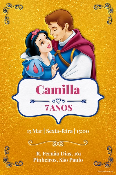 Modelo de Convite de Aniversario - Branca de Neve - Dourado Convite Branca de Neve - Dourado grátis para editar