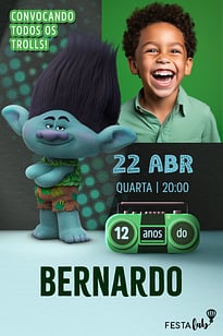 Modelo de Convite de Aniversario - Branch Trolls Convite Branch Trolls grátis para editar