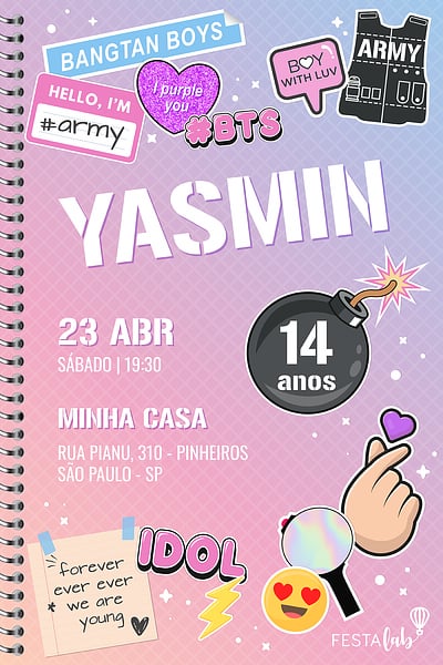 Modelo de Convite de Aniversario - BTS Convite BTS grátis para editar