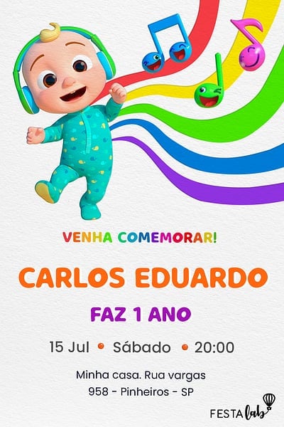 Modelo de Convite de Aniversario - Cancoes de Cocomelon Convite Canções de Cocomelon grátis para editar