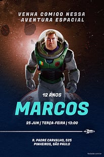 Modelo de Convite de Aniversario - Capitao Lightyear Marron Convite Capitão Lightyear Marron grátis para editar