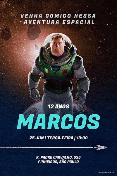 Modelo de Convite de Aniversario - Capitao Lightyear Marron Convite Capitão Lightyear Marron grátis para editar