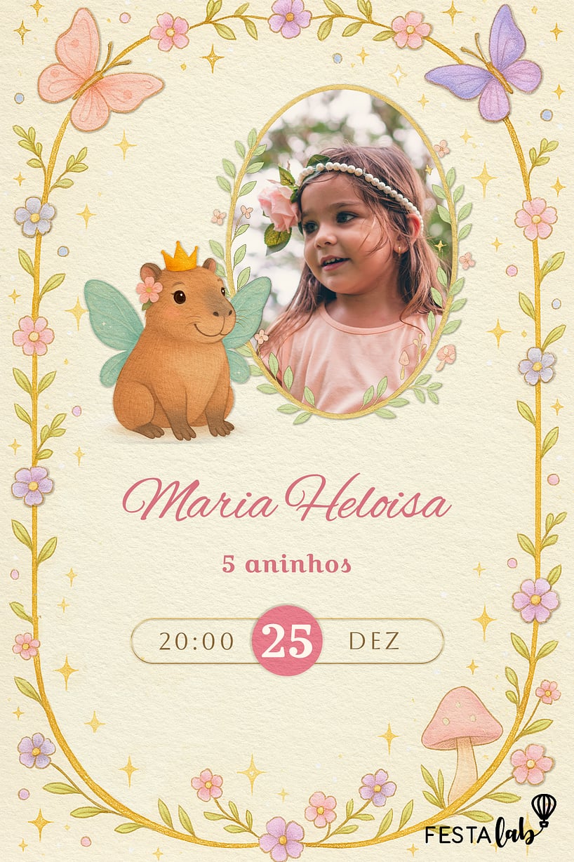 Modelo de Convite de Aniversario - Capivara Fadinha Criar convite de aniversário - Capivara Fadinha| FestaLab