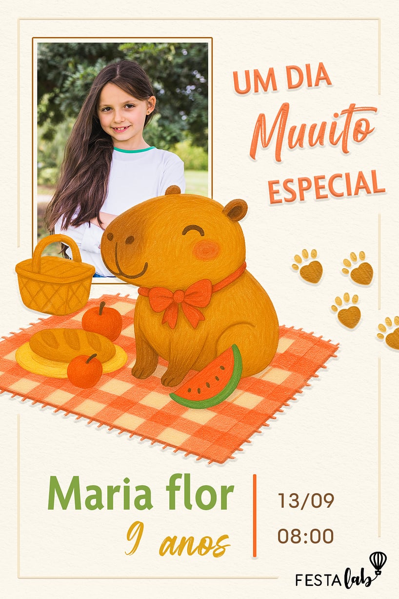 Modelo de Convite de Aniversario - Capivara Piquenique Criar convite de aniversário - Capivara Piquenique| FestaLab