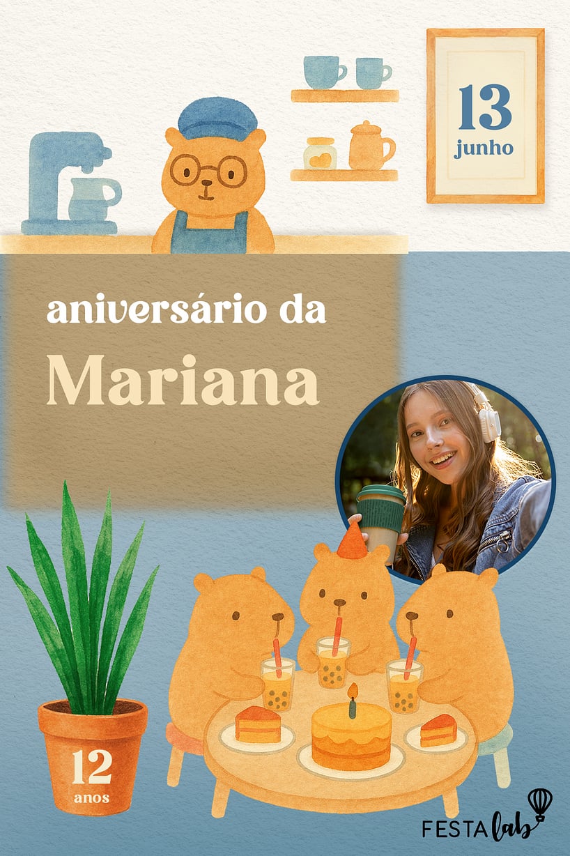 Criar convite de aniversário - Capivaras no Café| FestaLab