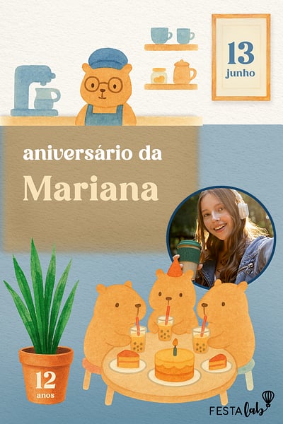 Modelo de Convite de Aniversario - Capivaras no Cafe Convite Capivaras no Café grátis para editar