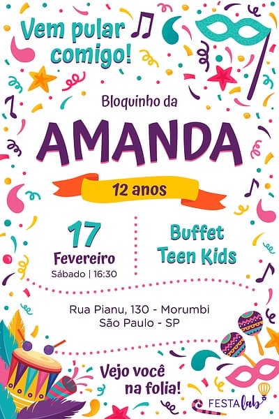 Modelo de Convite de Aniversario - Carnaval das Cores Convite Carnaval das Cores grátis para editar