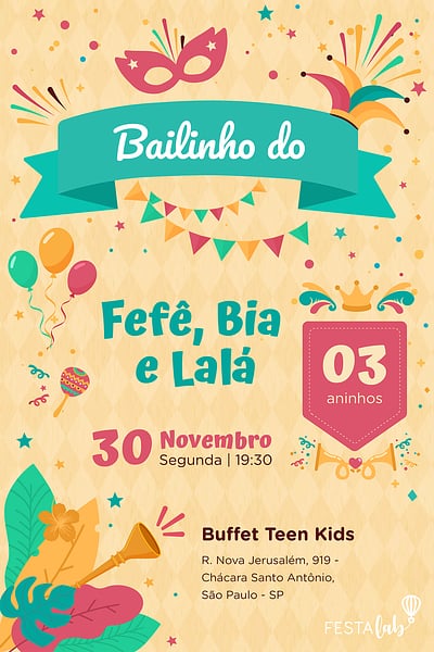 Modelo de Convite de Aniversario - Carnaval Rosinha Convite Carnaval Rosinha grátis para editar