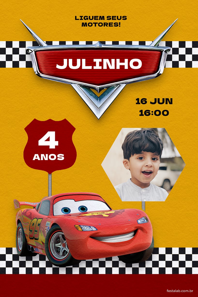 Convite Aniversário Animado Carros Lightning mcqueen dinoco