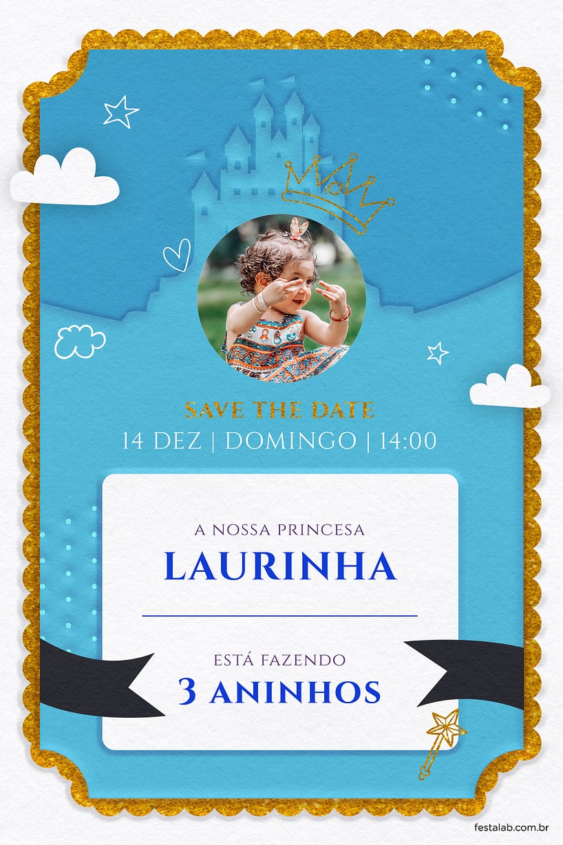 Convite Castelo encantado azul grátis para editar