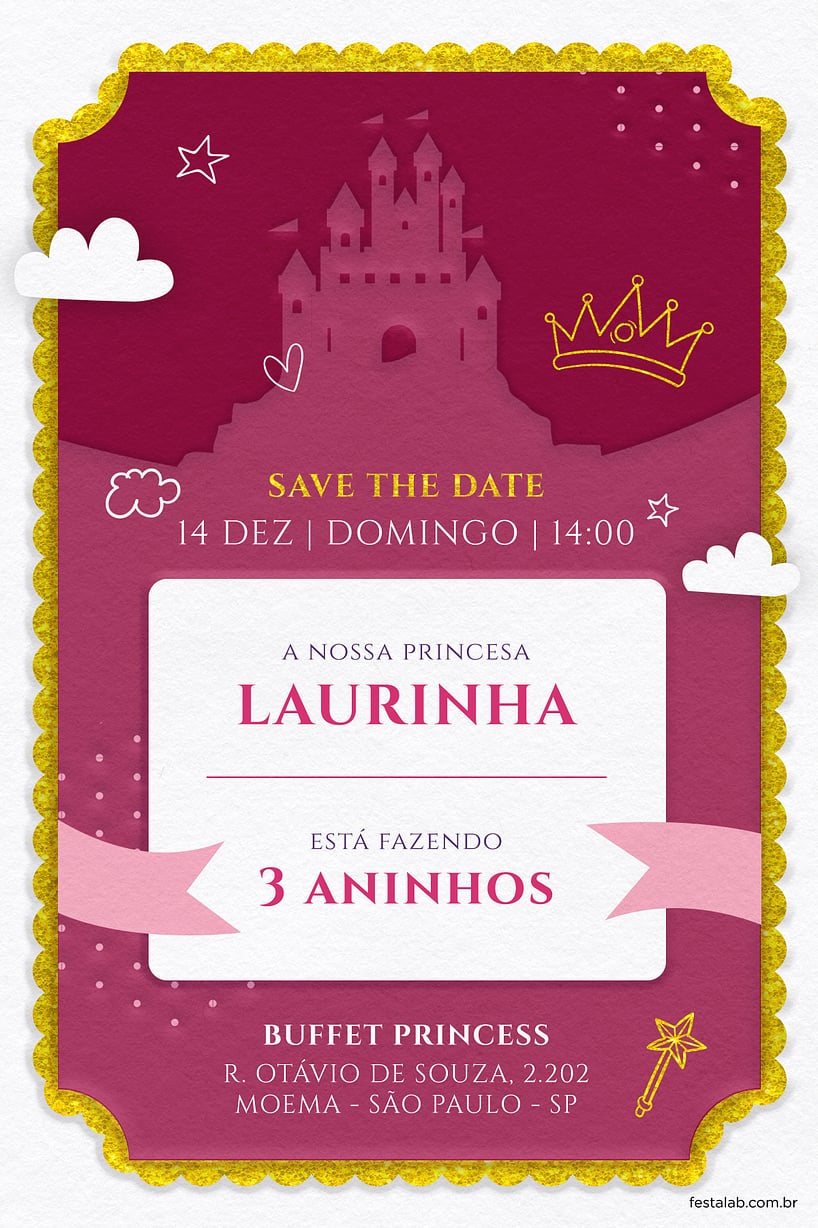 Convite Princesas para editar e imprimir grátis - Festa Free