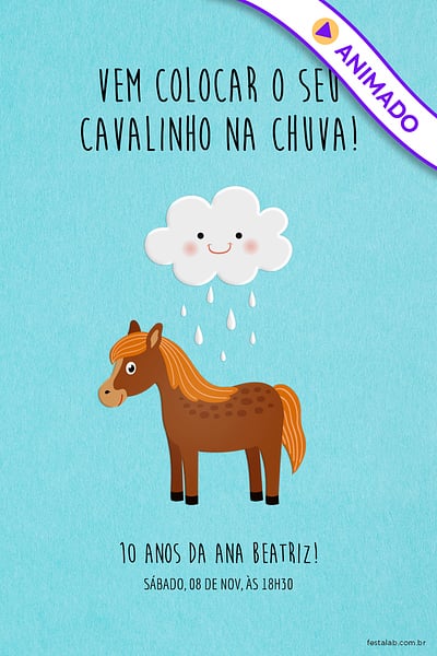 Modelo de Convite de Aniversario - Cavalinho na Chuva Convite Cavalinho na Chuva grátis para editar