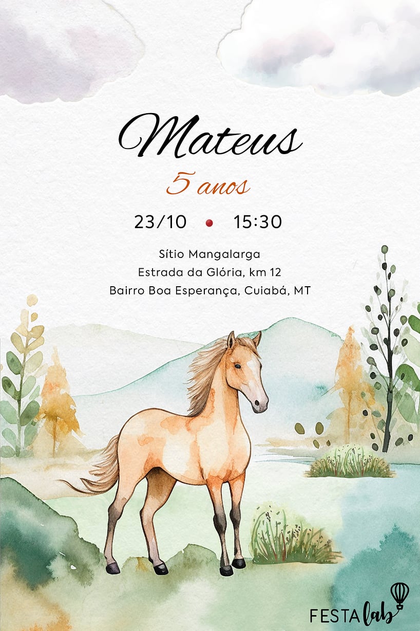 Criar convite de aniversário - Cavalo no campo aquarelado| FestaLab