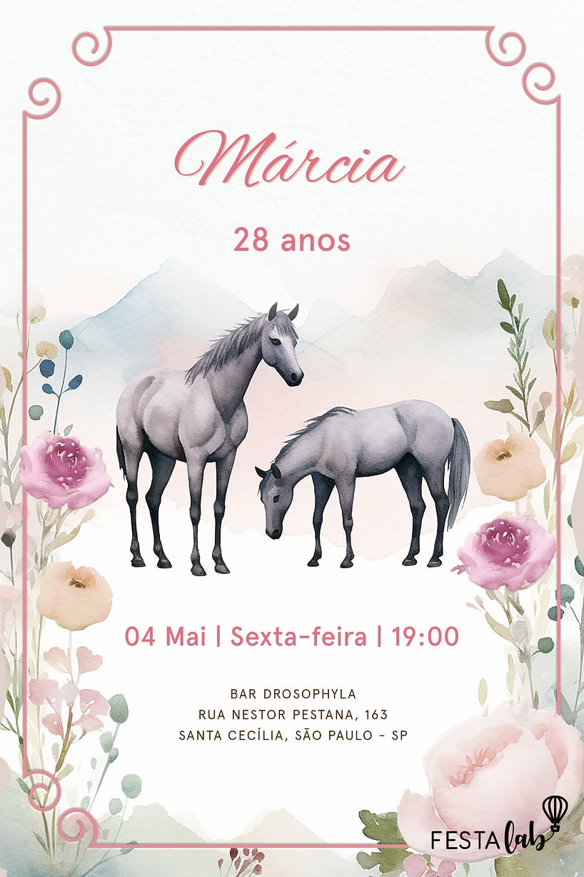 Convite Cavalos no bosque encantado grátis para editar
