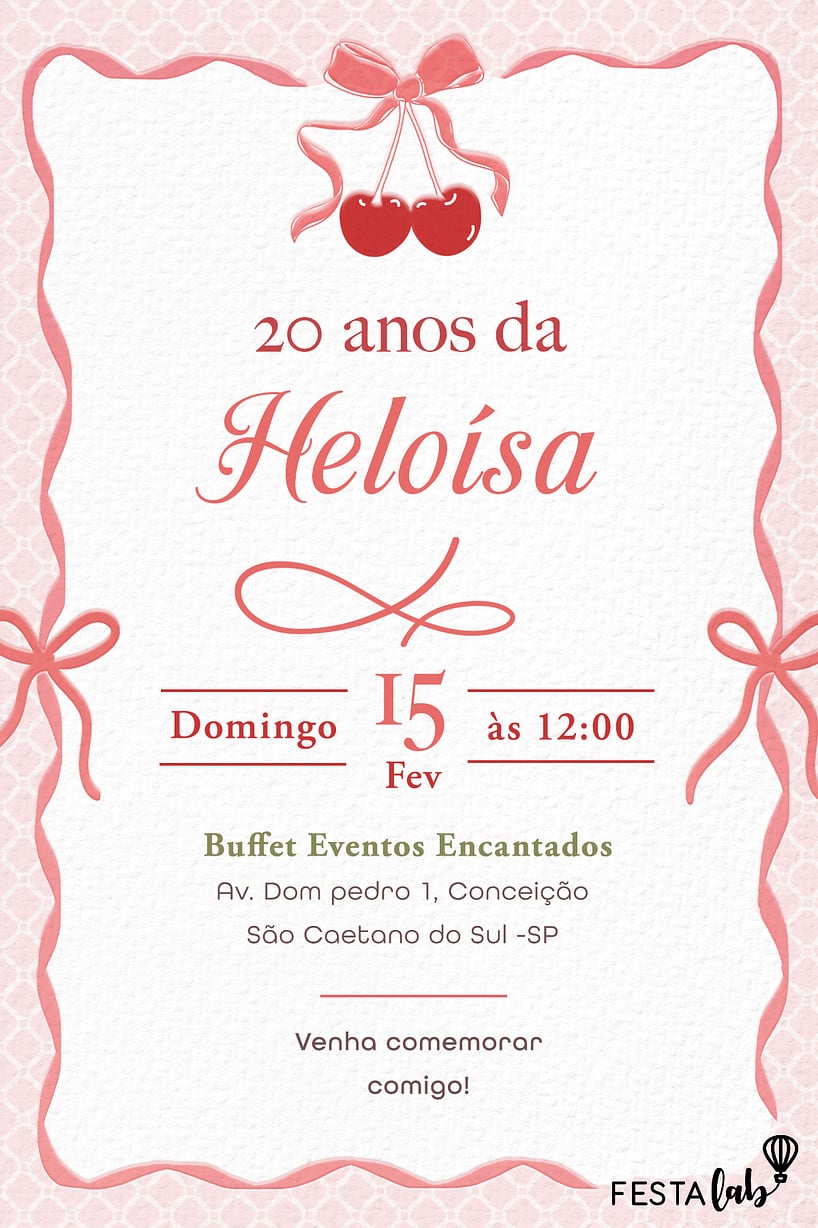 Convite Cereja com laço grátis para editar