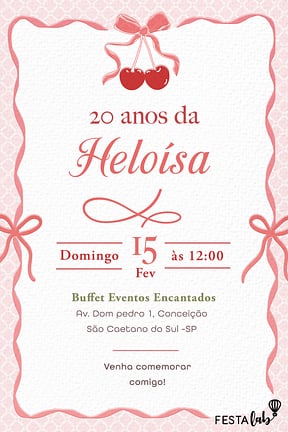 Convite de Aniversario - Cereja com laco