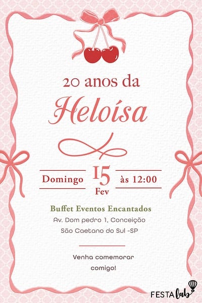 Modelo de Convite de Aniversario - Cereja com laco Convite Cereja com laço grátis para editar