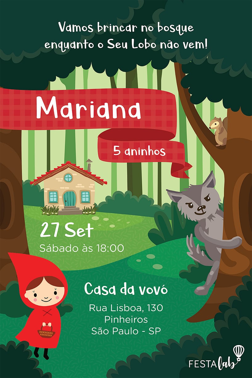 Convite Chapeuzinho Vermelho grátis para editar