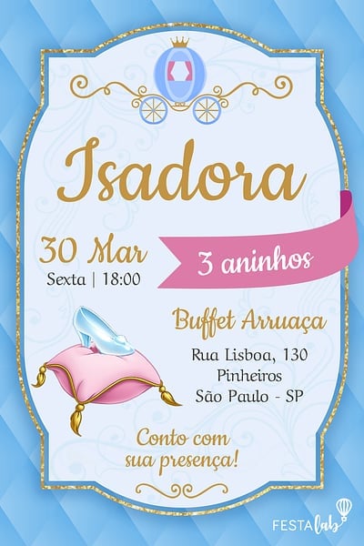 Modelo de Convite de Aniversario - Cinderela Convite Cinderela grátis para editar