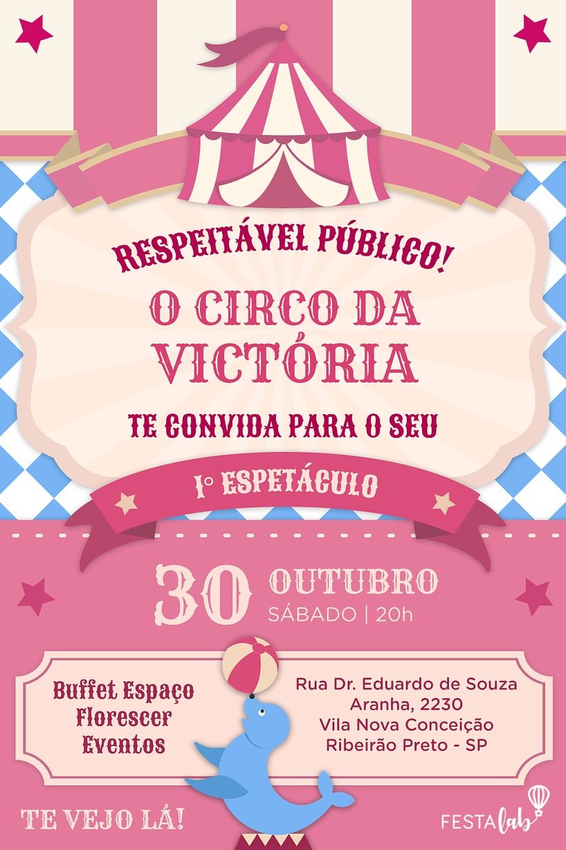 Criar convite de aniversário - Uma Festa no Circo: Rosa| FestaLab