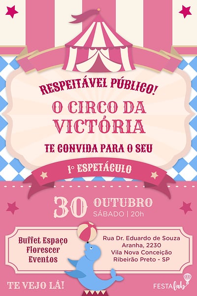 Modelo de Convite de Aniversario - Uma Festa no Circo: Rosa Convite Uma Festa no Circo: Rosa grátis para editar