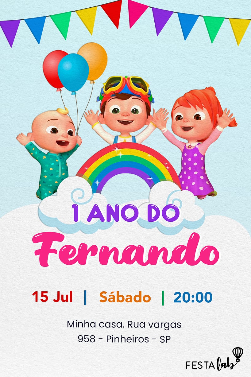 Convite Cocomelon grátis para editar