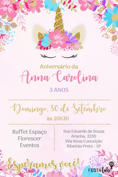 Modelo de Convite de Aniversario - Coroa de Unicornio Convite Coroa de Unicórnio grátis para editar