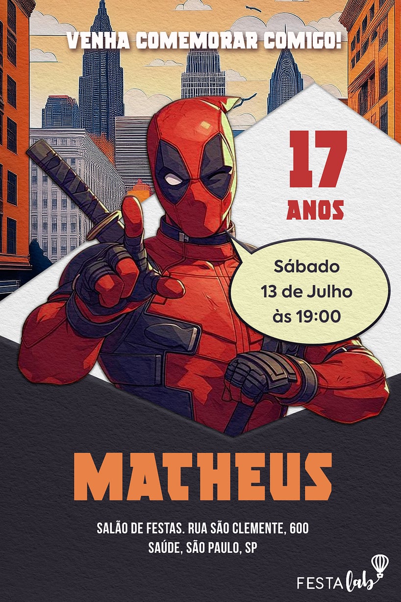 Convite Deadpool em quadrinhos grátis para editar