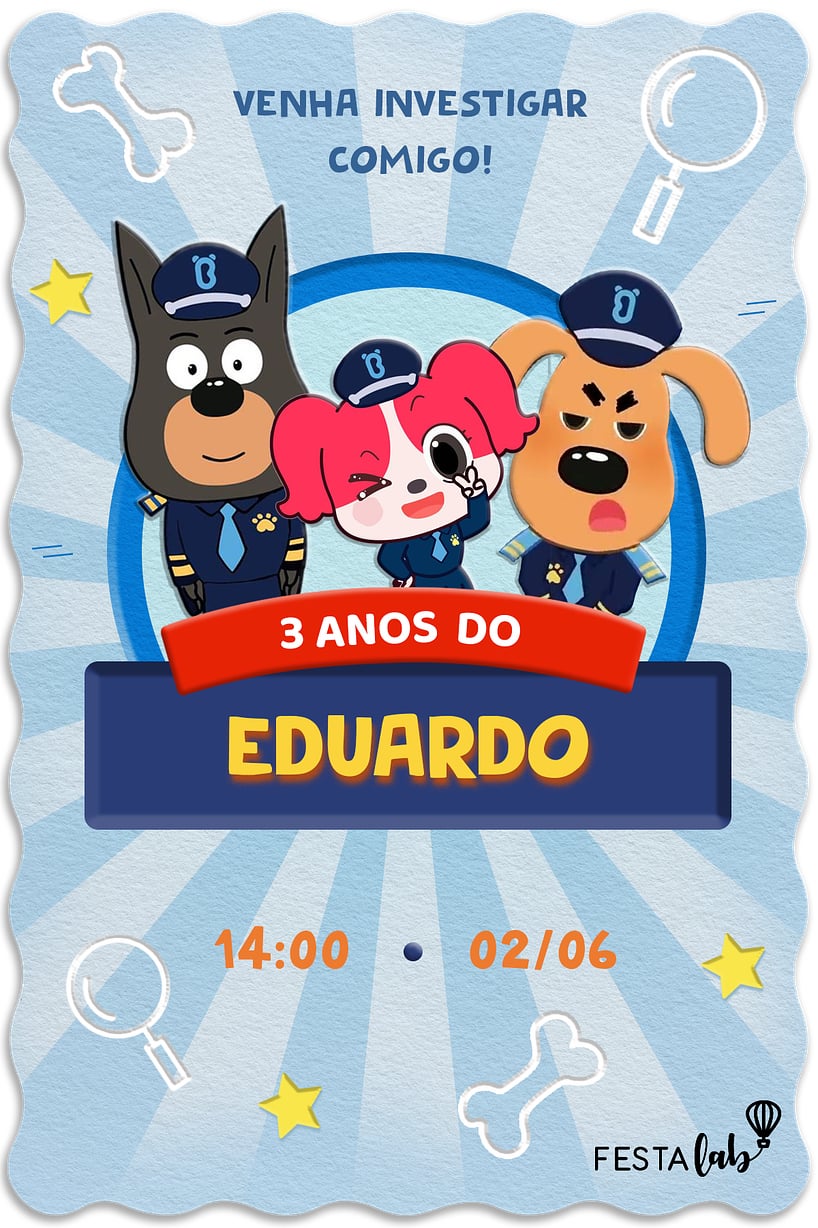 Convite Detetive Labrador grátis para editar