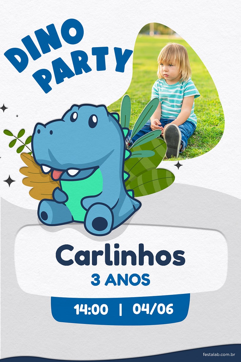 Criar convite de aniversário - Dino party azul| FestaLab