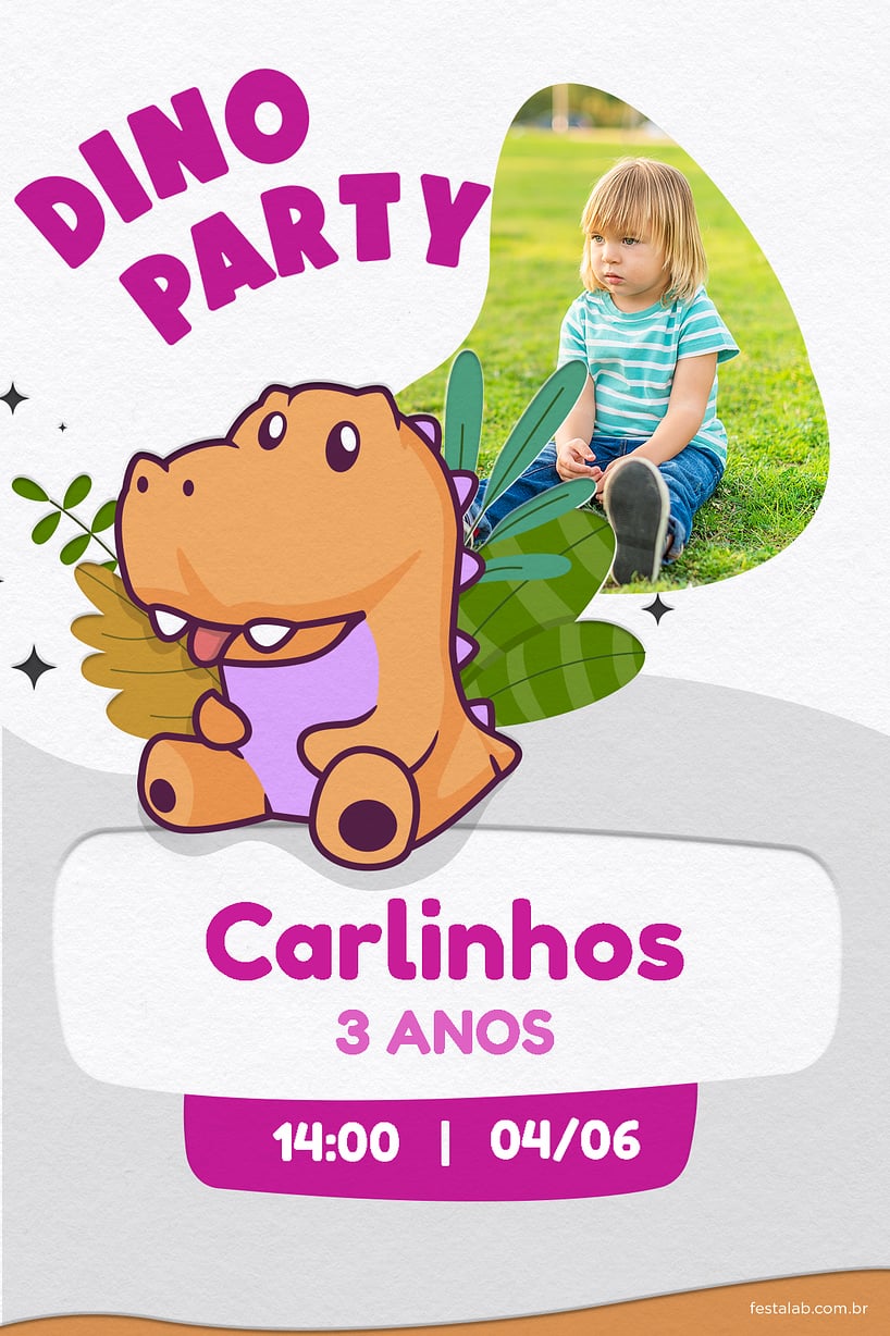 Criar convite de aniversário - Dino party rosa| FestaLab