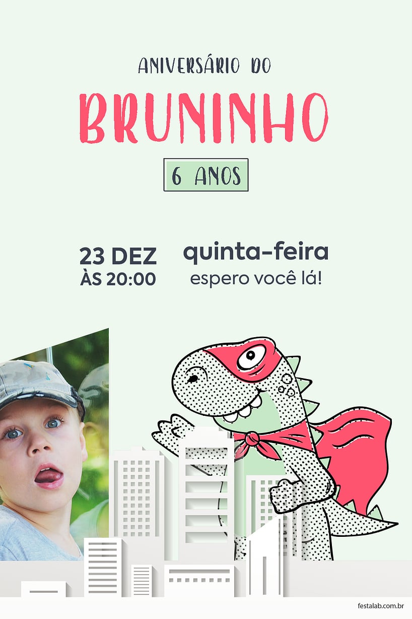 Criar convite de aniversário - Dino Herói| FestaLab