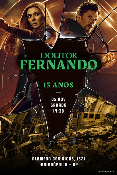 Modelo de Convite de Aniversario - Doutor estranho amarelo Convite Doutor estranho amarelo grátis para editar