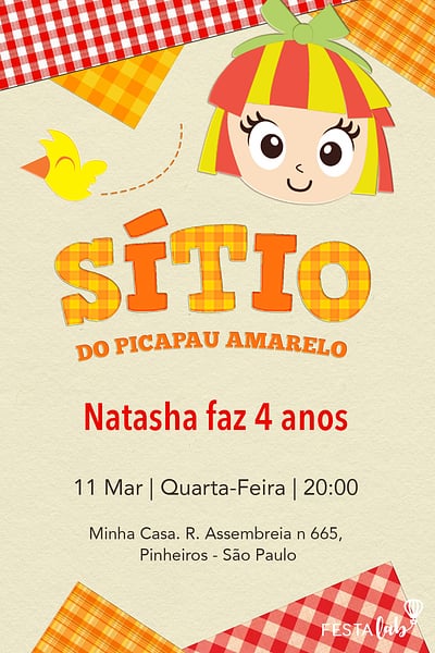 Modelo de Convite de Aniversario - Emilia, Sitio do Picapau Amarelo Convite Emilia, Sítio do Picapau Amarelo grátis para editar