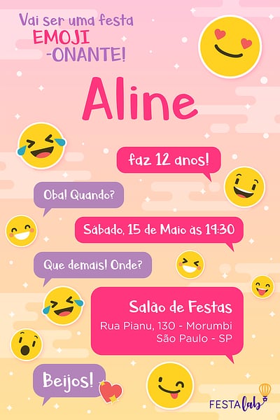 Modelo de Convite de Aniversario - Emoji rosa Convite Emoji rosa grátis para editar