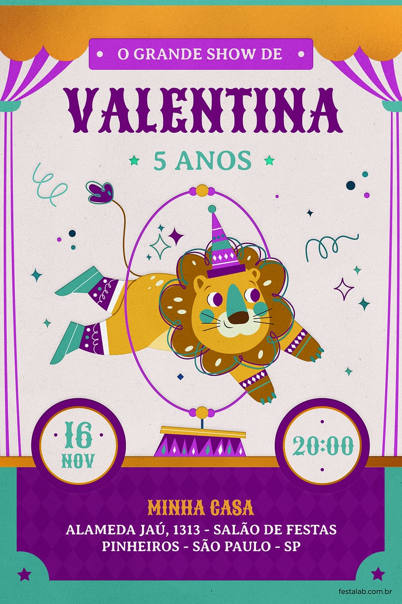 Convite Espetáculo roxo grátis para editar