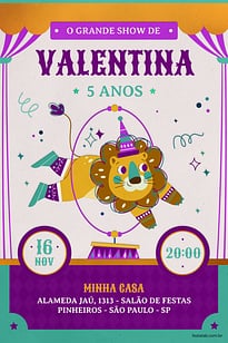 Modelo de Convite de Aniversario - Espetaculo roxo Convite Espetáculo roxo grátis para editar
