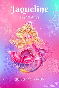 Modelo de Convite de Aniversario - Festa Barbie Sereia Convite Festa Barbie Sereia grátis para editar