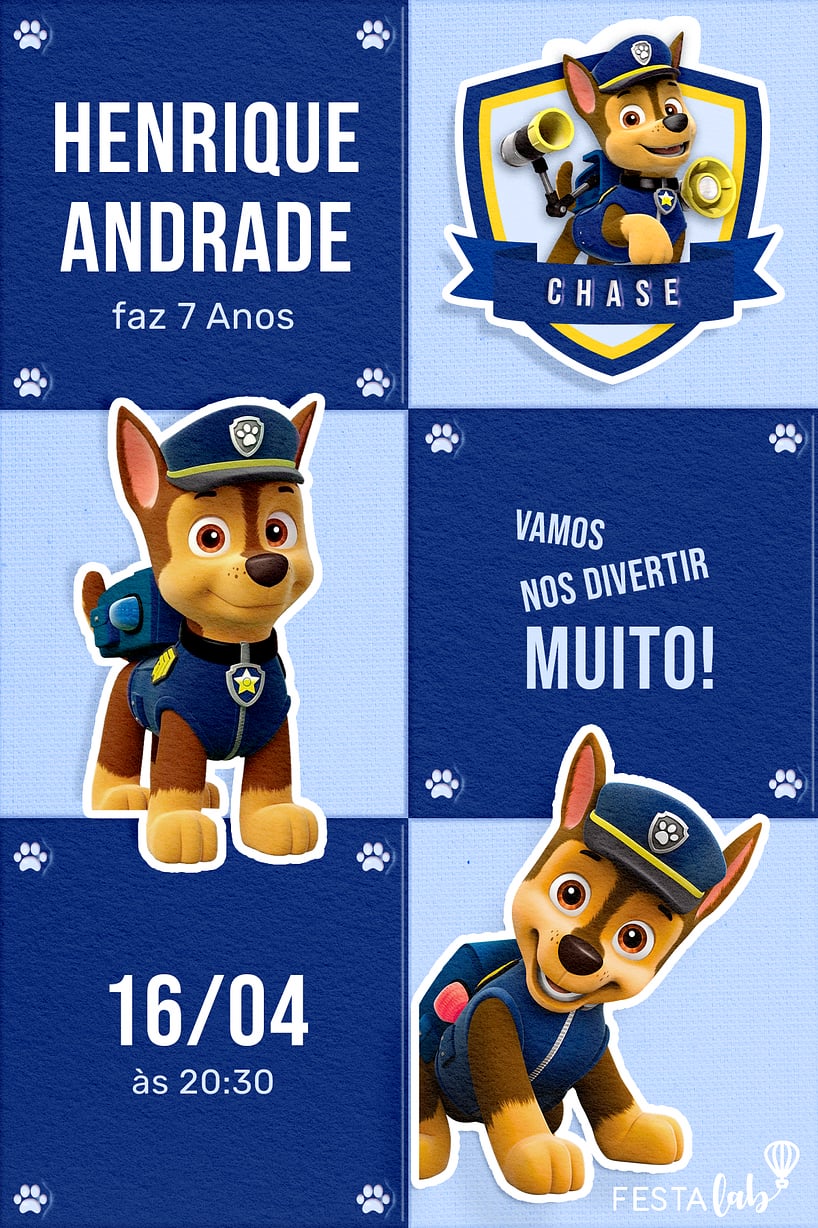 Convite Festa com Chase grátis para editar