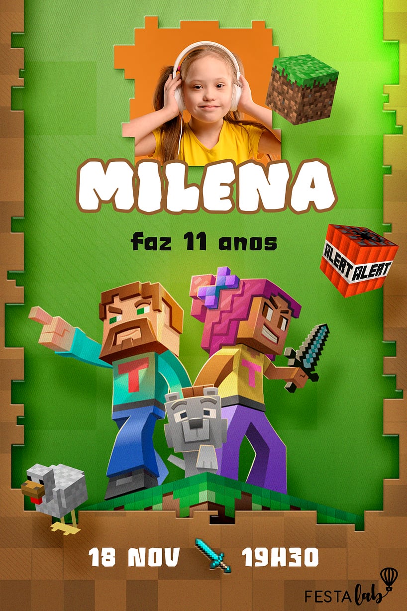 Convite Festa com Minecraft grátis para editar