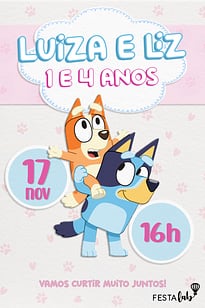 Modelo de Convite de Aniversario - Festa da Bluey e da Bingo Convite Festa da Bluey e da Bingo grátis para editar