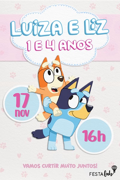 Modelo de Convite de Aniversario - Festa da Bluey e da Bingo Convite Festa da Bluey e da Bingo grátis para editar