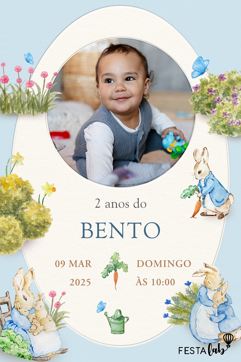 Convite Festa do Peter Rabbit grátis para editar