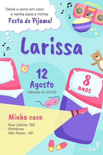 Criar convite de aniversário - Festa do Pijama azul| FestaLab