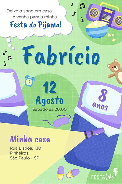 Modelo de Convite de Aniversario - Festa do Pijama verde Convite Festa do Pijama verde grátis para editar