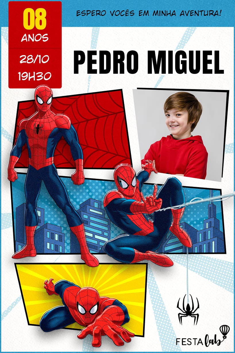 Convite Homem Aranha HQ grátis para editar