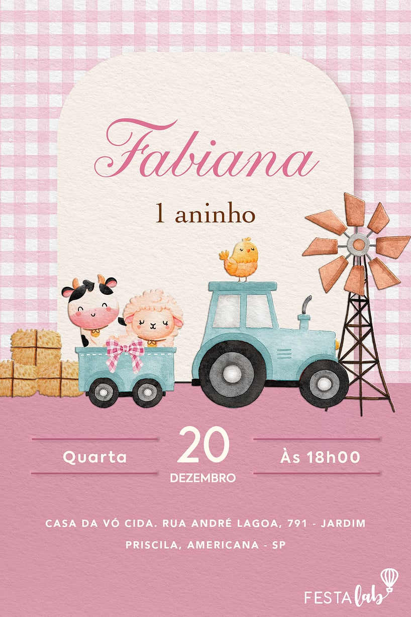 Criar convite de aniversário - Festa na Fazendinha Rosa| FestaLab