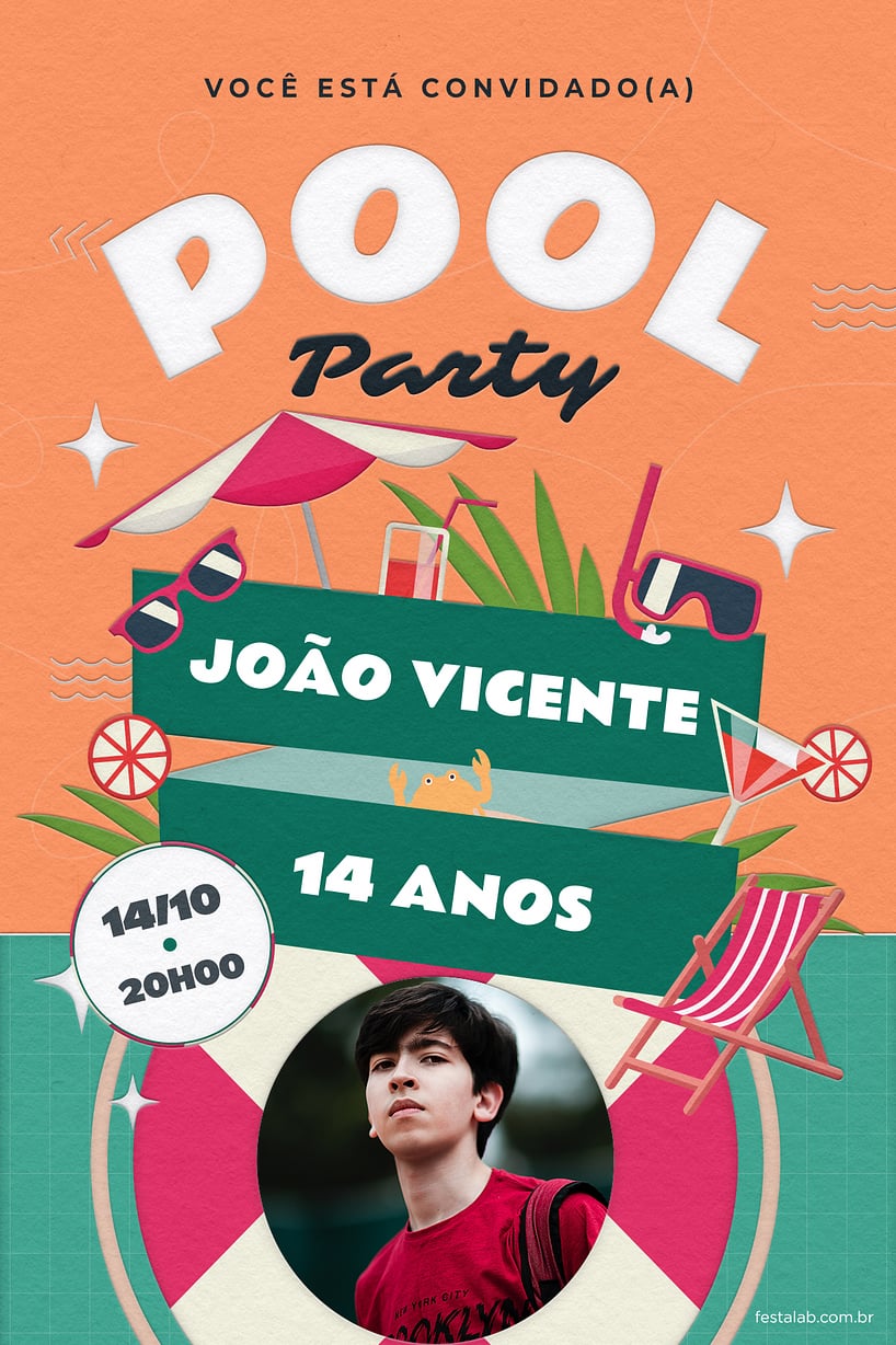 Criar convite de aniversário - Festa na piscina laranja| FestaLab