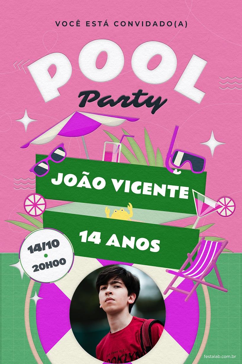 Criar convite de aniversário - Festa na piscina rosa| FestaLab